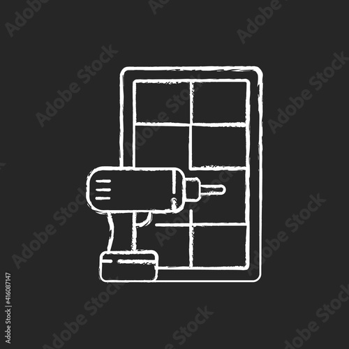 Window installation chalk white icon on black background. Home improvement. Replacing whole-house old windows. Renovation and remodeling process. Isolated vector chalkboard illustration