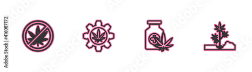 Set line Stop marijuana, Medical bottle with, Test tube and Planting icon. Vector.