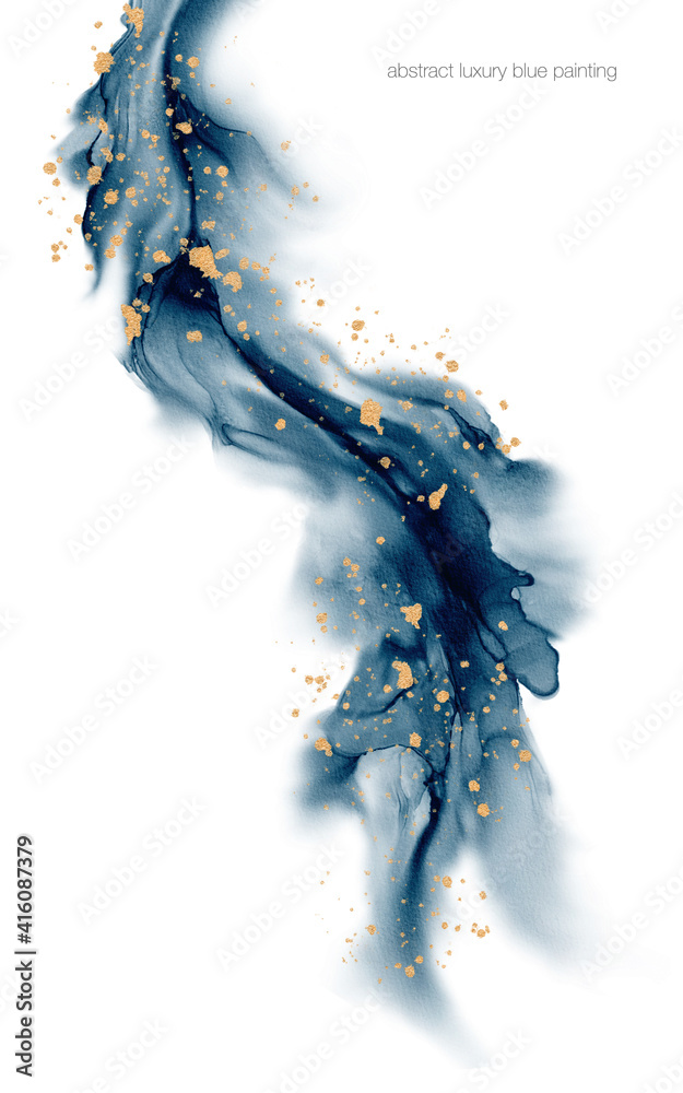 Abstract fluid art painting curve line in blue and gold by alcohol ink ...