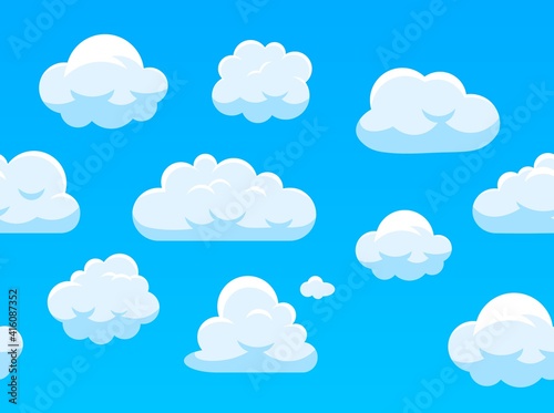Seamless sky with white clouds. Cartoon blue skyscape border for computer game. Fluffy clouds, bright weather heavens background vector texture for kids, nursery wallpaper or fabric design
