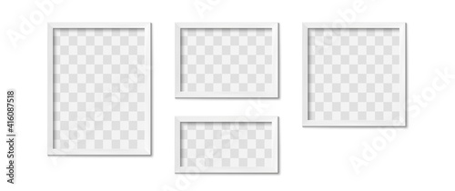 White picture frames. Empty gray simple image square border with shadow on gallery wall. Isolated photo framing design vector realistic 3D template with transparent place for image of different shape
