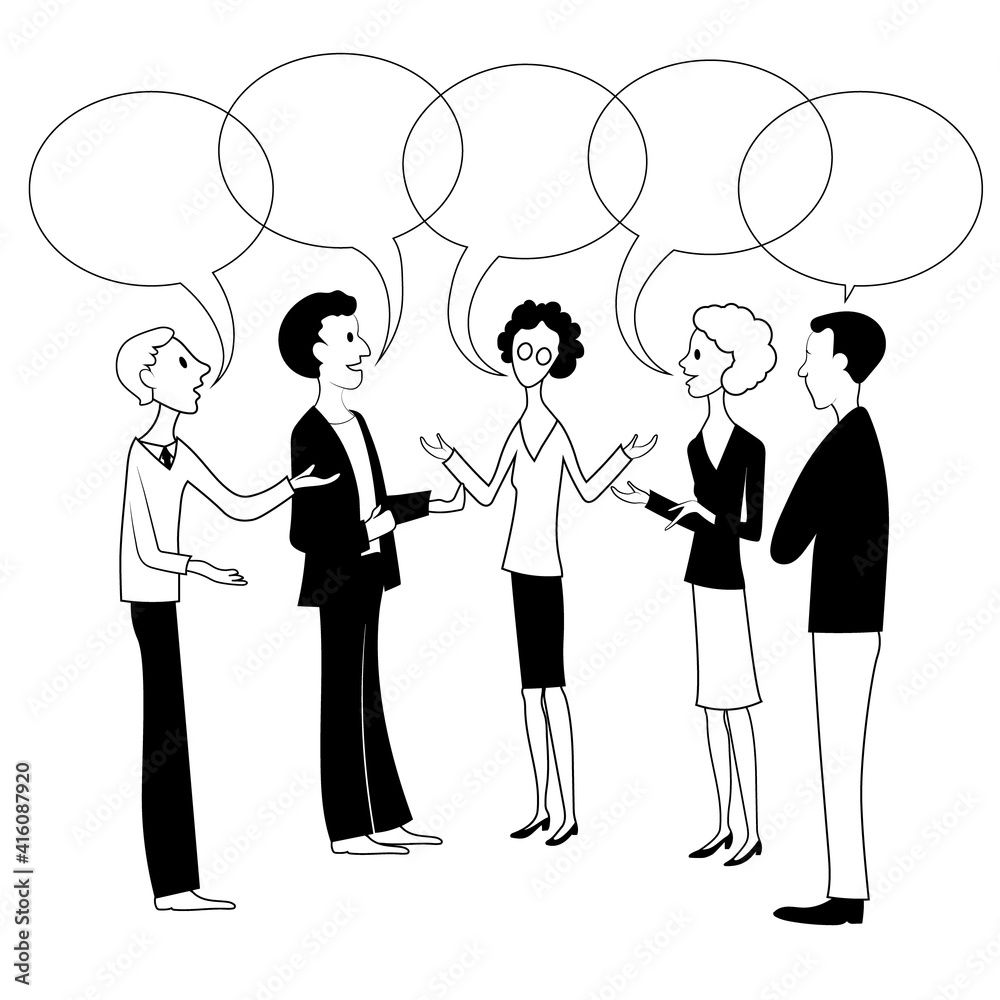 Obraz premium Five men and women are talking. Vector drawing image.