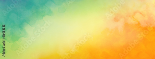 Colorful watercolor background of abstract sunset sky with paint blotches and soft blurred texture in blue green yellow beige and orange border in gradient paint colors 