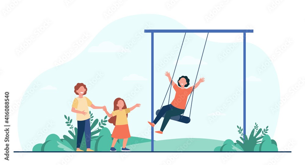 Happy kid swinging on swing. Children having fun on playground in park. Flat vector illustration. Childhood, outdoor activities, vacation concept for banner, website design or landing web page