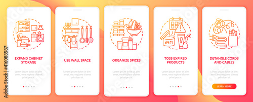 Decluttering tips onboarding mobile app page screen with concepts. Tossing expired products walkthrough 5 steps graphic instructions. UI vector template with RGB color illustrations