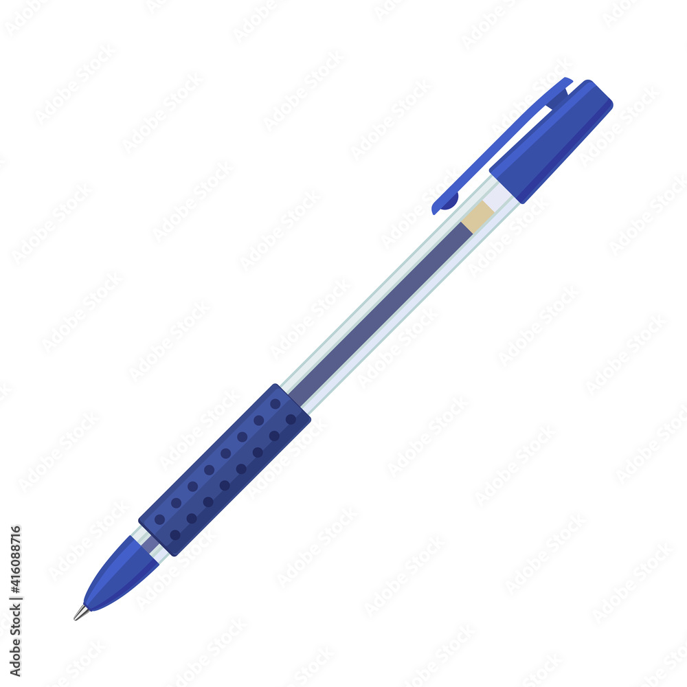 Blue gel pen in transparent plastic case with rubber grip and cap. Vector illustration Blue gel pen in transparent plastic case with rubber grip and cap. Vector illustration