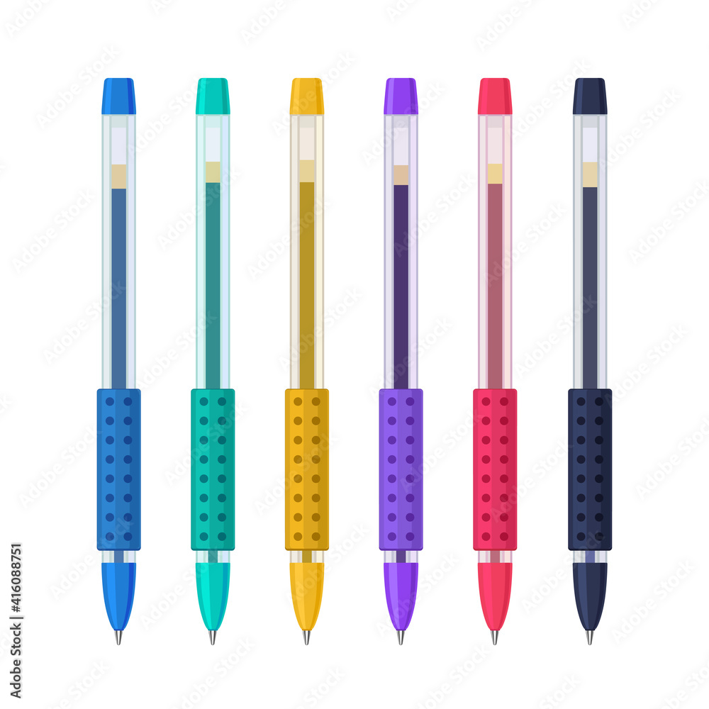 Colored gel pens in transparent plastic cases with rubber grip set. Vector illustration Colored gel pens in transparent plastic cases with rubber grip set. Vector illustration