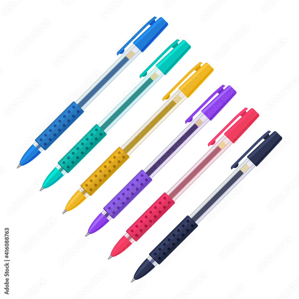 Colored gel pens in transparent plastic cases with rubber grips and caps set. Vector illustration