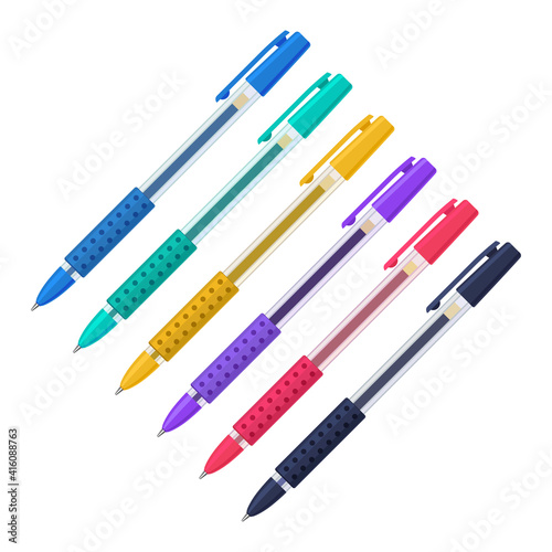 Colored gel pens in transparent plastic cases with rubber grips and caps set. Vector illustration