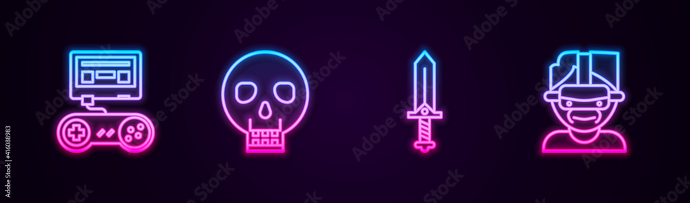Set line Game console with joystick, Skull, Sword for game and Virtual reality glasses. Glowing neon icon. Vector. Set line Game console with joystick, Skull, Sword for game and Virtual reality glasses. Glowing neon icon. Vector.