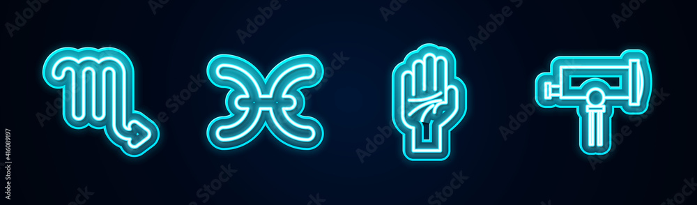 Set line Scorpio zodiac, Pisces, Palmistry of the hand and Telescope. Glowing neon icon. Vector. Set line Scorpio zodiac, Pisces, Palmistry of the hand and Telescope. Glowing neon icon. Vector.