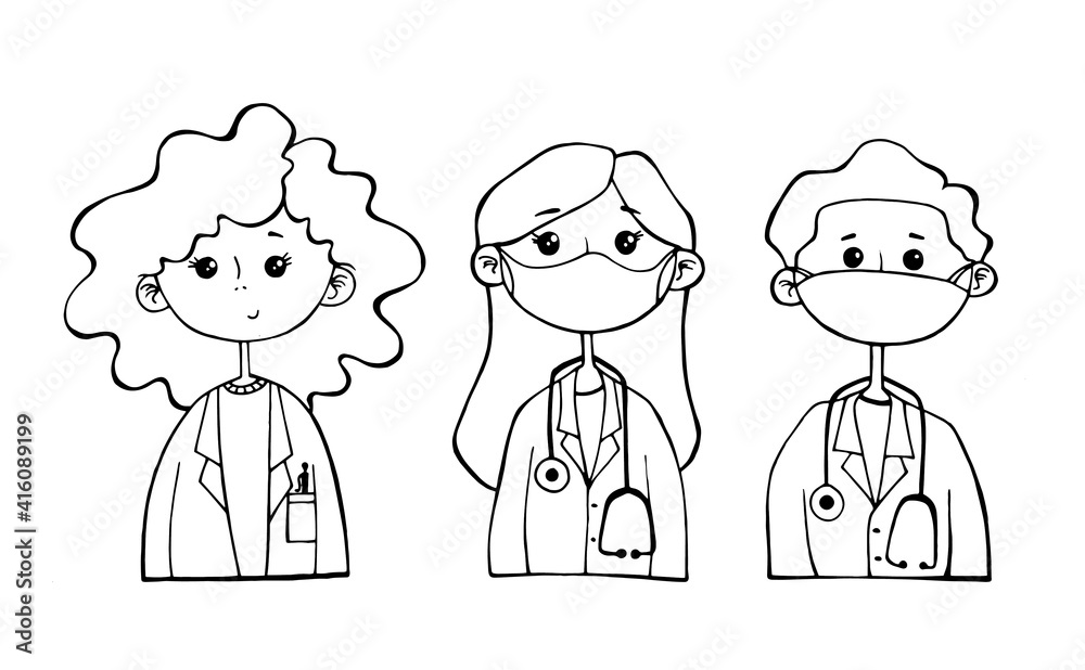 vector illustration. three masked doctors. hand drawing. doodles vector illustration. three masked doctors. hand drawing. doodles