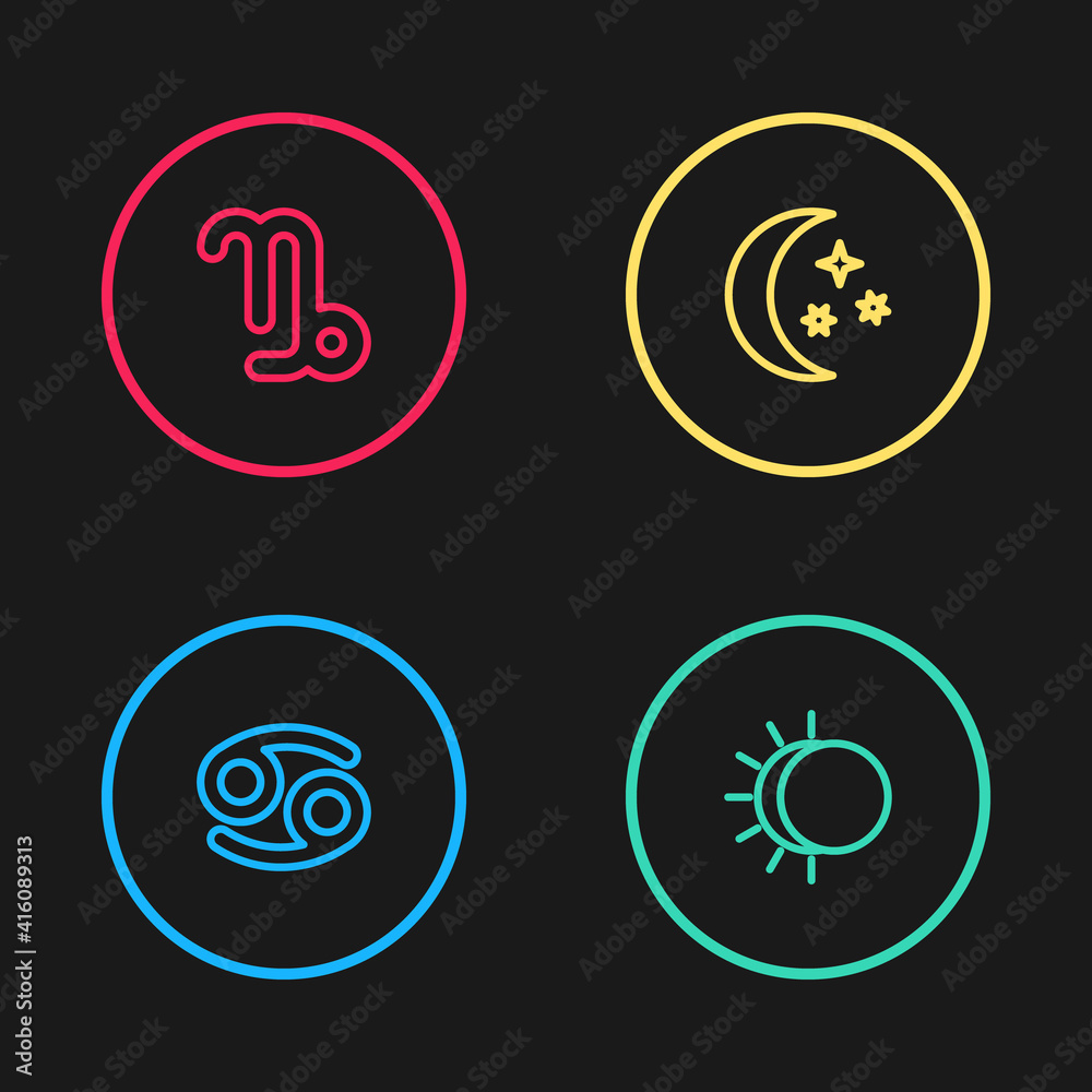 Set line Cancer zodiac, Eclipse of the sun, Moon and stars and Capricorn icon. Vector. Set line Cancer zodiac, Eclipse of the sun, Moon and stars and Capricorn icon. Vector.
