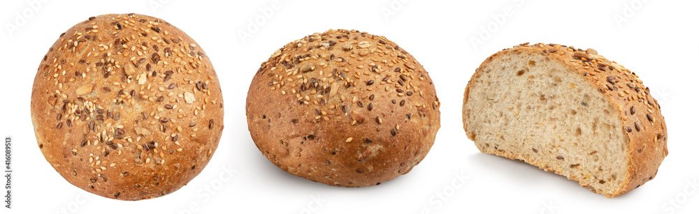 bun with flax and sesame seeds isolated on white bun with flax and sesame seeds isolated on white
