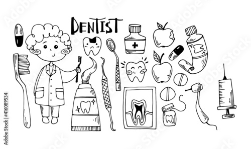 set of icons in the style of doodle dentistry. hand drawing. dentist and his instruments