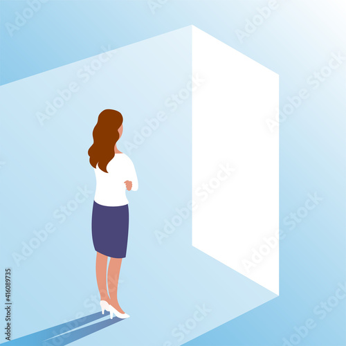 A young woman stands in front of an open door. Makes a choice and makes a decision. Ahead of new opportunities and work. Vector illustration