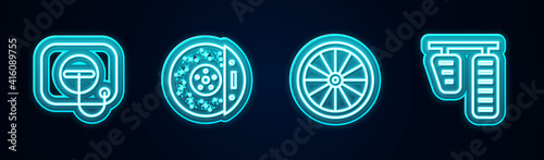 Set line Oil filler cap at gas station, Car brake disk with caliper, wheel and and pedals. Glowing neon icon. Vector.