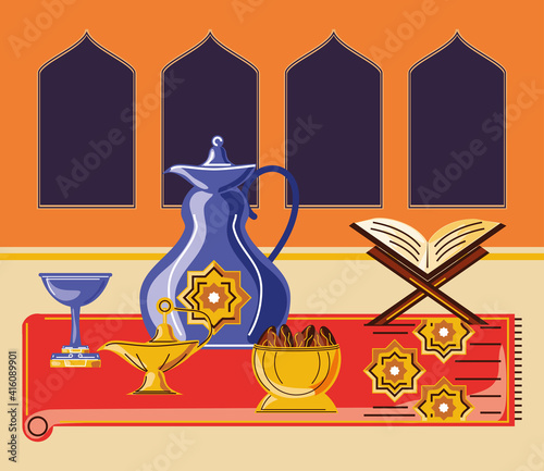 ramadan celebration arabic with quran book kettle food lantern