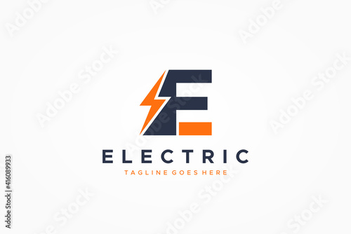 Abstract Initial Letter F and E Electric Logo. Yellow Flash Icon Thunderbolt with Blue Geometric Shape FE Linked Letter Combination on White Background. Flat Vector Logo Design Template Element.