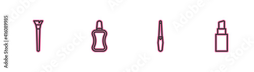 Set line Makeup brush, Nail file, polish bottle and Lipstick icon. Vector.