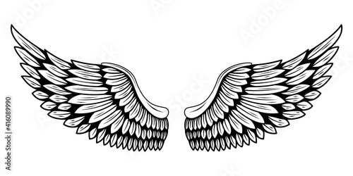 A pair of bird wings. Angel. Vector illustration for tattoo. Element for wood carving.