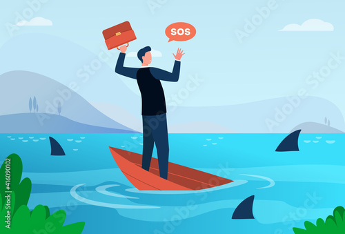 Businessman going through financial crisis and bankruptcy metaphor. Man on sinking boat in sea with sharks. Flat vector illustration. Bankrupt concept for banner, website design or landing web page