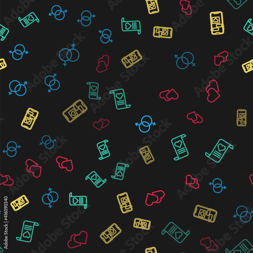 Set line Gender, Envelope with Valentine heart, Mobile and Heart on seamless pattern. Vector.
