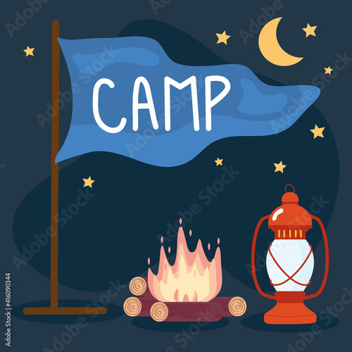 flag with camp word and campfire vector illustration design