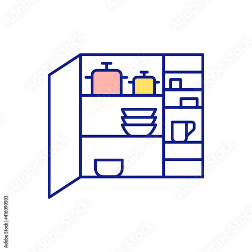 Finding free space in house RGB color icon. Wardrobe with dishes and pans. Cabinets and shelves in kitchen. Decluttering and tidying. Shortage of storage. Isolated vector illustration