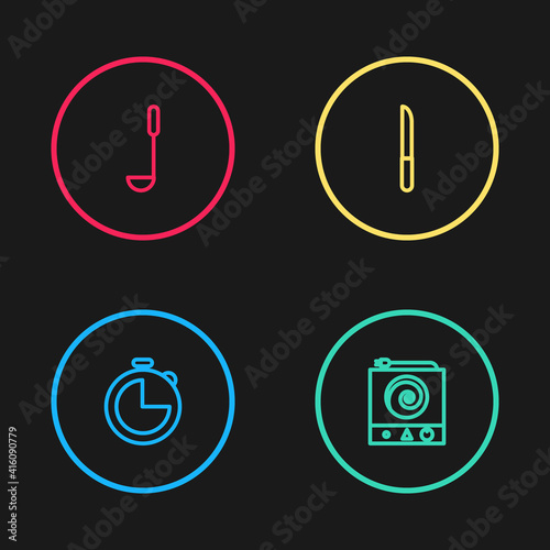 Set line Kitchen timer, Electric stove, Knife and ladle icon. Vector.