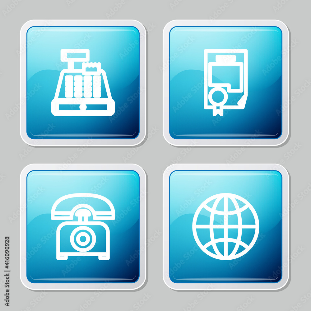 Set line Cash register machine, Certificate template, Telephone and Worldwide icon. Vector. Set line Cash register machine, Certificate template, Telephone and Worldwide icon. Vector.
