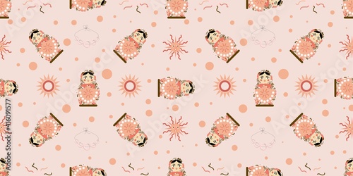 Seamless pattern with nesting dolls. Russian national doll. Wooden toy. The symbol of Russia. Vector illustration