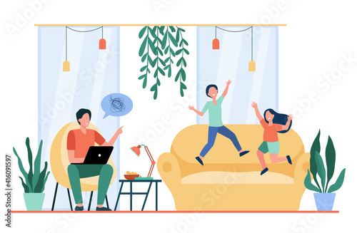 Active kids driving crazy upset freelancer dad. Naughty children, work from home. Flat vector illustration. Family problem, covid lockdown concept for banner, website design or landing web page