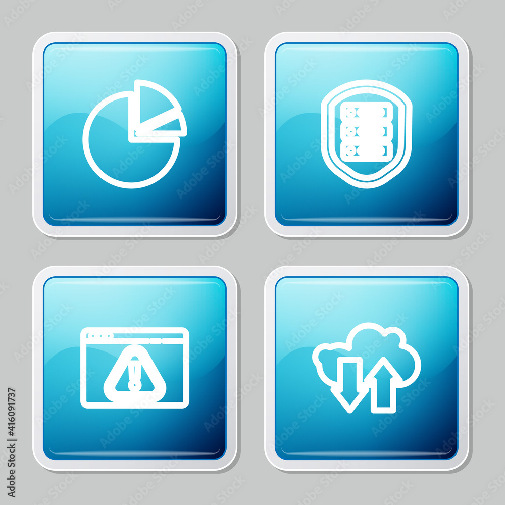 Set line Pie chart infographic, Server with shield, Browser exclamation mark and Cloud download and upload icon. Vector. Set line Pie chart infographic, Server with shield, Browser exclamation mark and Cloud download and upload icon. Vector.