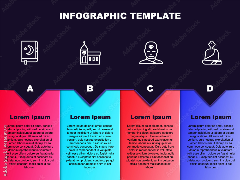 Set line Holy book of Koran, Church building, Man with third eye and Buddhist monk. Business infographic template. Vector.