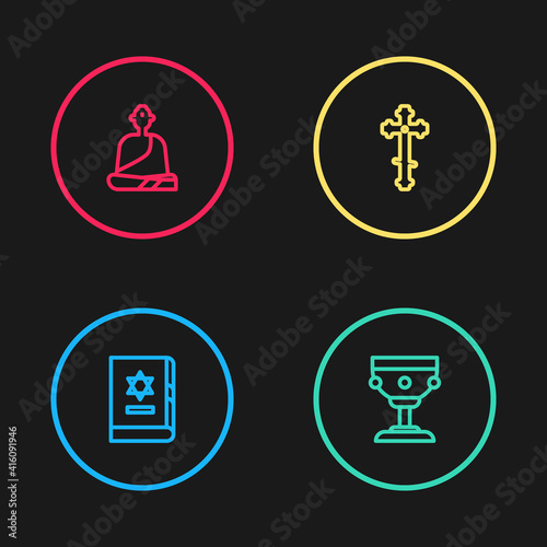 Set line Jewish torah book, Christian chalice, cross and Buddhist monk icon. Vector.