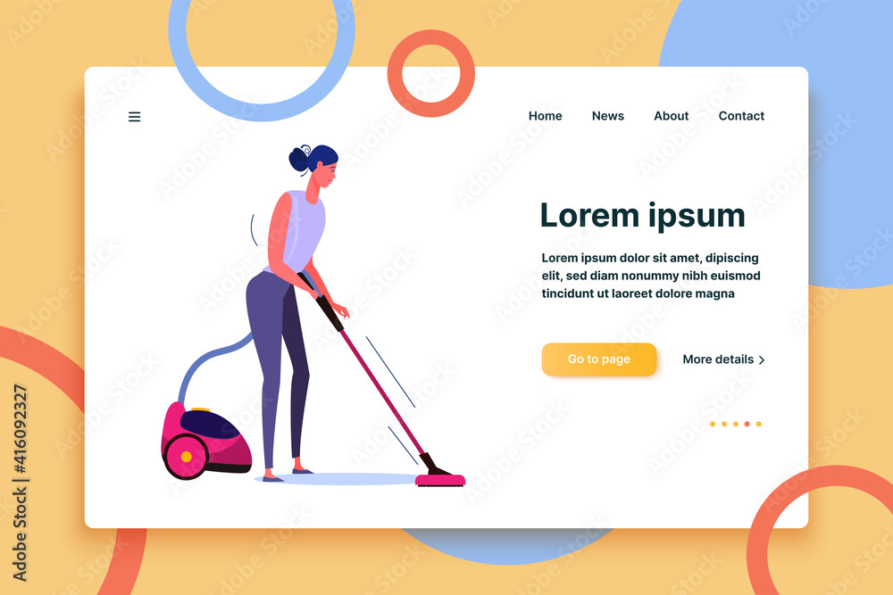 Woman hoovering floor with vacuum cleaner. Cleaning flat vector illustration. Deep home cleaning company service concept for banner, website design or landing web page