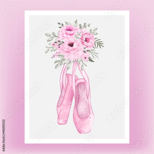 isolated pink rose flower wreath with ballet shoes
