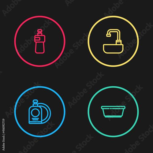 Set line Dishwashing liquid bottle and plate, Plastic basin, Washbasin with water tap and icon. Vector.
