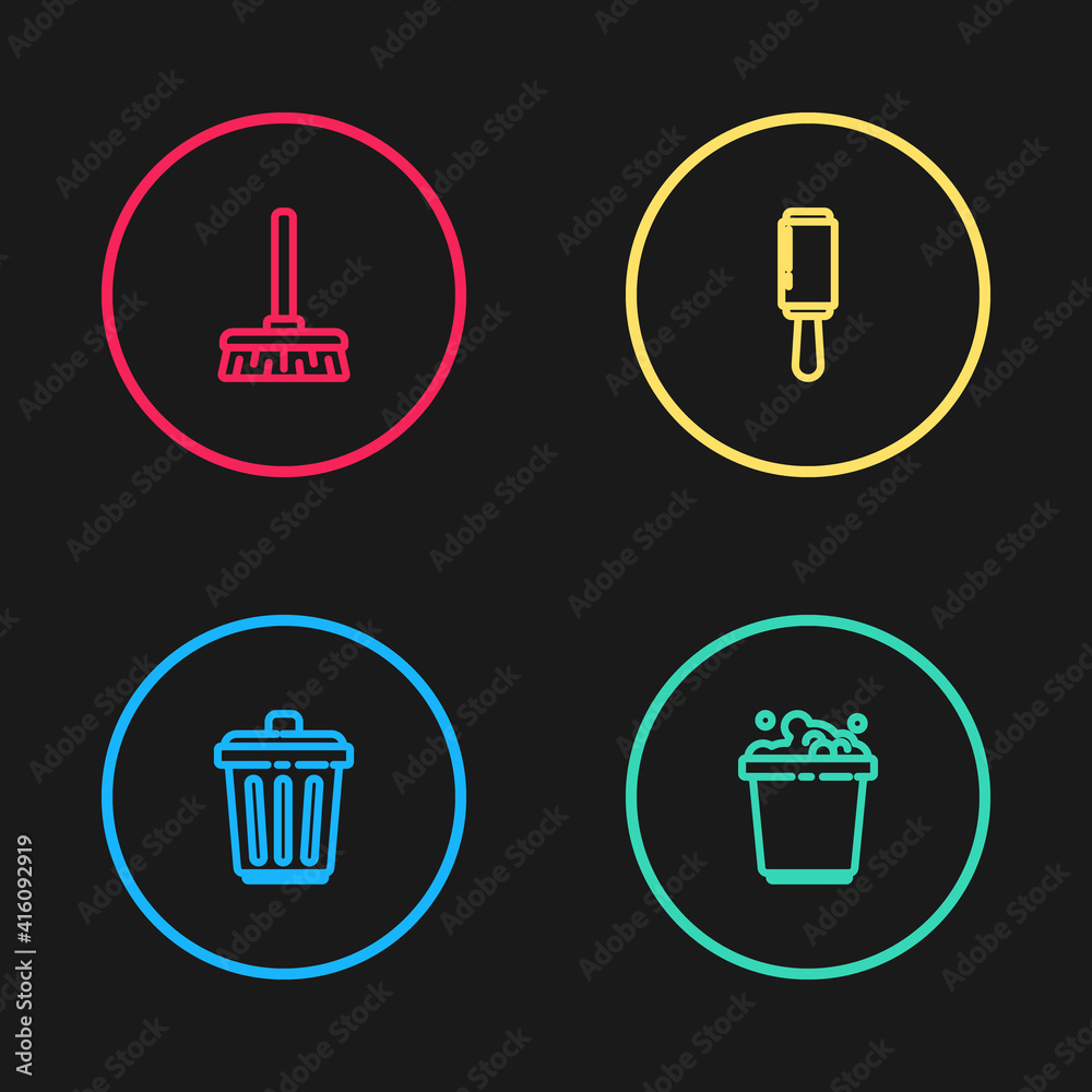 Set line Trash can, Bucket with soap suds, Adhesive roller and Handle broom icon. Vector. Set line Trash can, Bucket with soap suds, Adhesive roller and Handle broom icon. Vector.