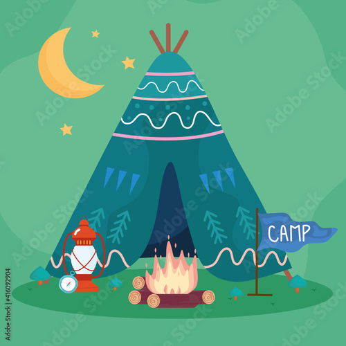 tent camping with kerozene lamp and campfire vector illustration design