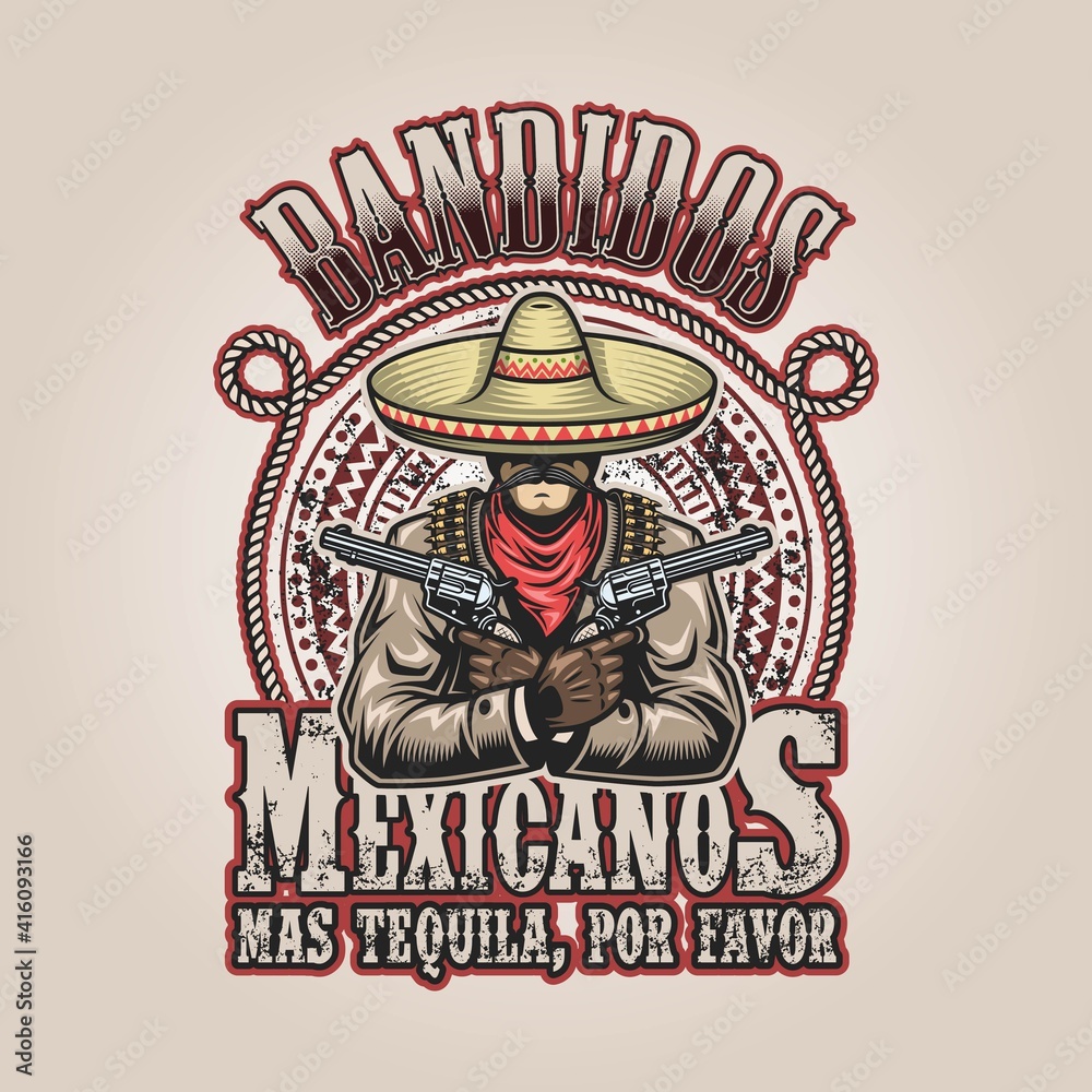 Vector illustrtion of mexican bandit print template. man with a guns in hands in sombrero with text. Free Vector