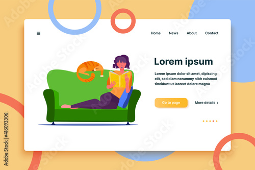 Young girl sitting on green couch and reading book. Girl in casual outfit and cat on sofa flat vector illustration. Hobby and relaxation concept for banner, website, landing page