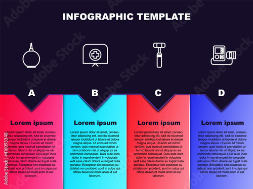 Set line Enema, Nurse hat with cross, Neurology reflex hammer and Blood pressure. Business infographic template. Vector.