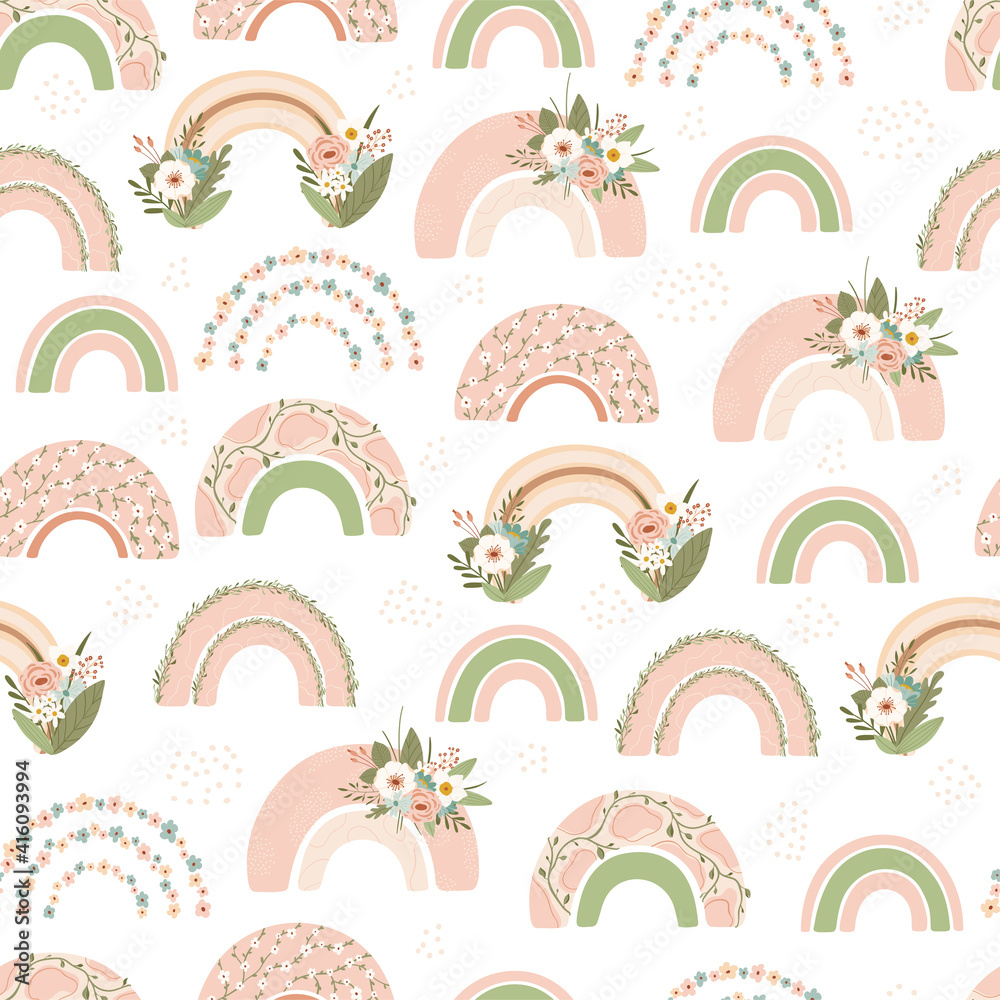 Children's seamless pattern with spring rainbow and flower in pastel colors. Cute texture for kids room design, Wallpaper, textiles, wrapping paper, apparel. Vector illustration