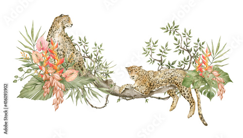 Watercolor leopards sit on a tree with leaves, flowers, plants. Wild jungle animals and bright tropical foliage