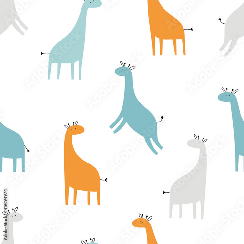 Vector hand-drawn colored childish seamless repeating simple pattern with cute giraffes in scandinavian style on a white background. Cute baby animals. Pattern for kids with giraffes. Kids design.