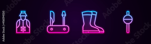 Set line Fisherman, Swiss army knife, Fishing boots and float. Glowing neon icon. Vector.