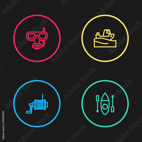 Set line Spinning reel for fishing, Kayak canoe, Fishing boat on water and Diving mask and snorkel icon. Vector.