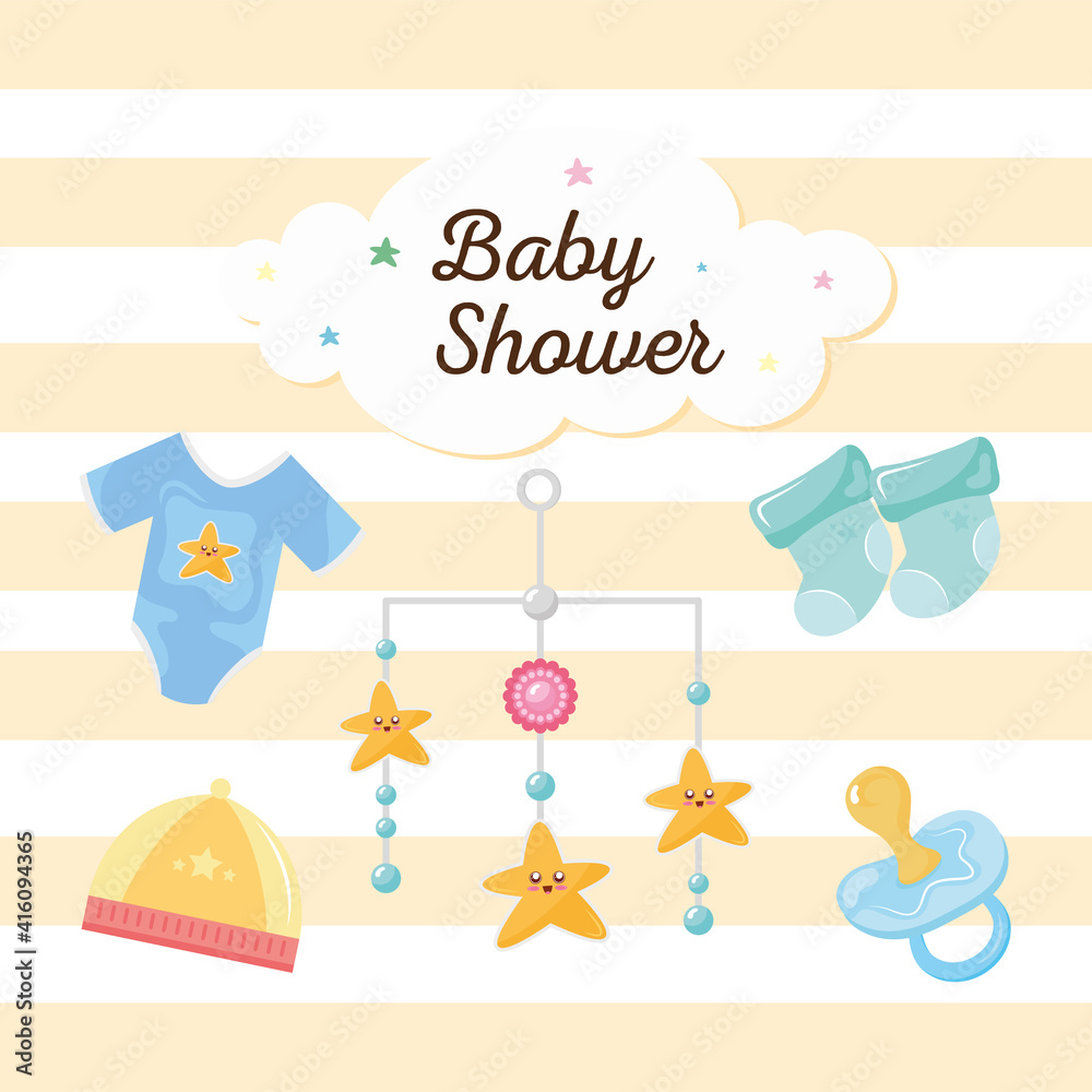 baby shower lettering in cloud with icons vector illustration design